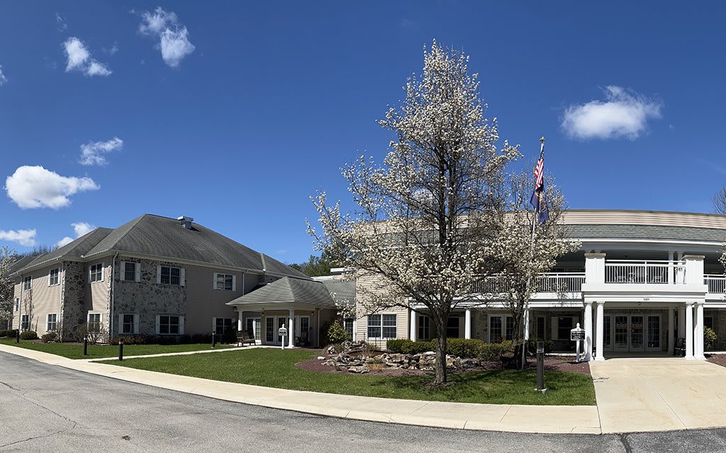 A residential building with a blooming tree under a clear blue sky.