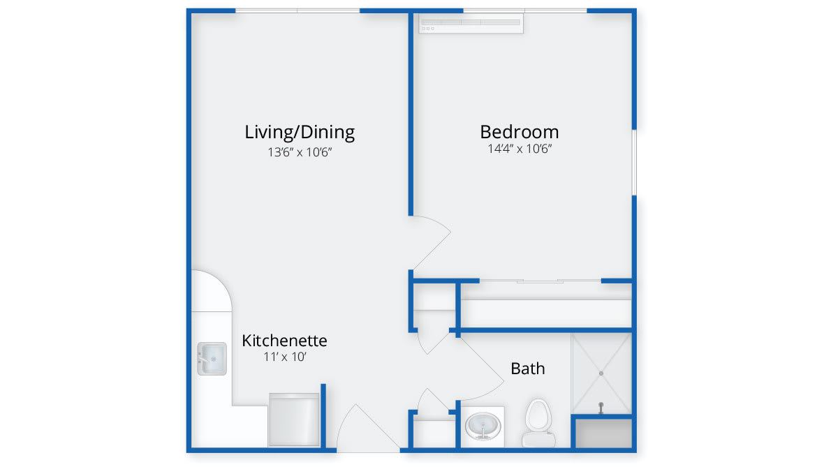One-bedroom apartment floor plan featuring a living/dining area, kitchenette, bedroom, and bathroom.