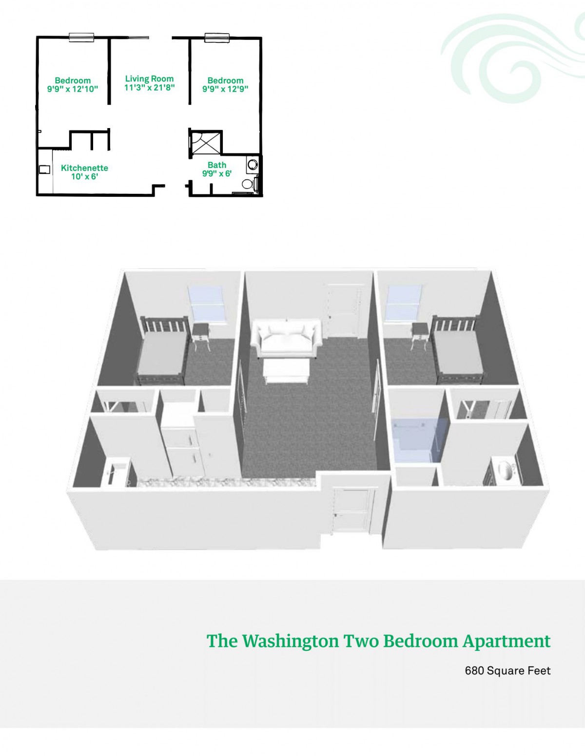 3D model and floor plan of a two-bedroom Washington apartment.