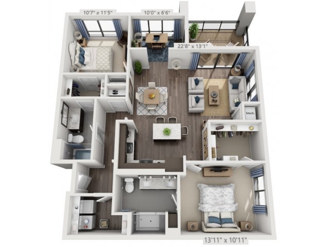 A detailed 3D floor plan of a modern apartment, showcasing an open living area, two bedrooms, and two bathrooms.