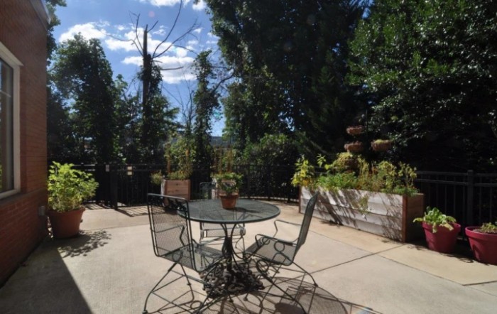 A serene patio area with a table and chairs surrounded by lush greenery.