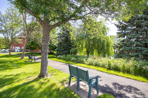 A serene park scene featuring benches under a canopy of trees, inviting visitors to relax and enjoy nature.