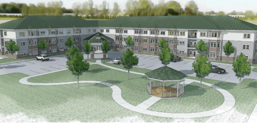 An architectural rendering of a multi-story building with a landscaped park area featuring trees and a gazebo.