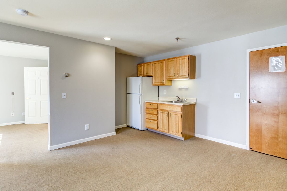 A minimalist apartment kitchen with wood cabinets and a refrigerator.