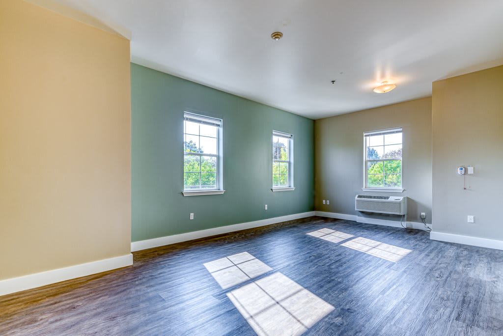 A bright and empty room with wood flooring and multiple windows allowing natural light to pour in.