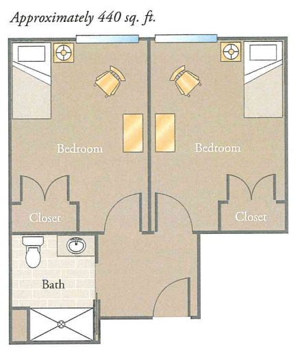 A simple floor plan illustrating a shared apartment with connected bedrooms and a shared bathroom.