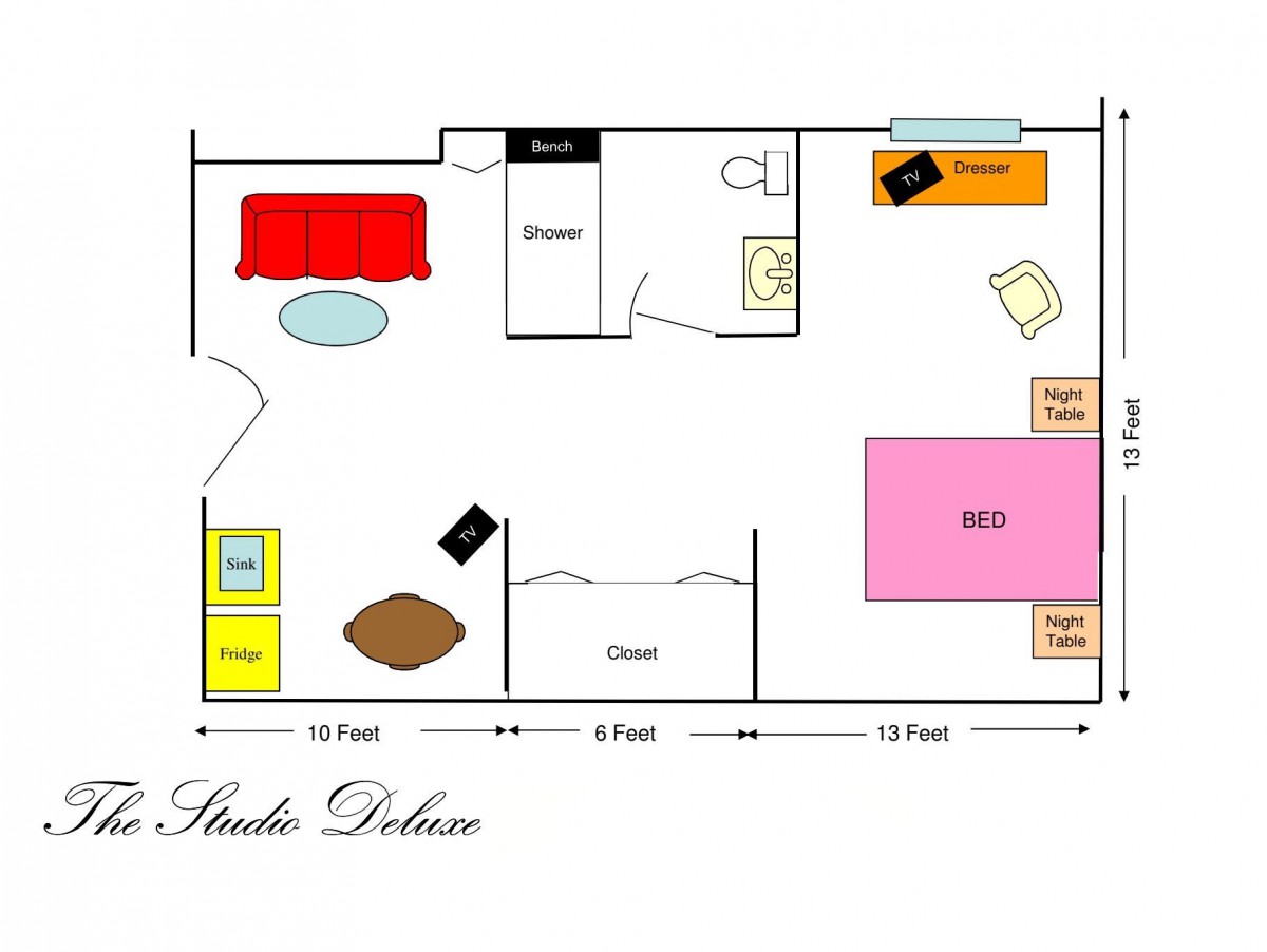 A floor plan of a studio deluxe apartment with labeled rooms and furniture placement.