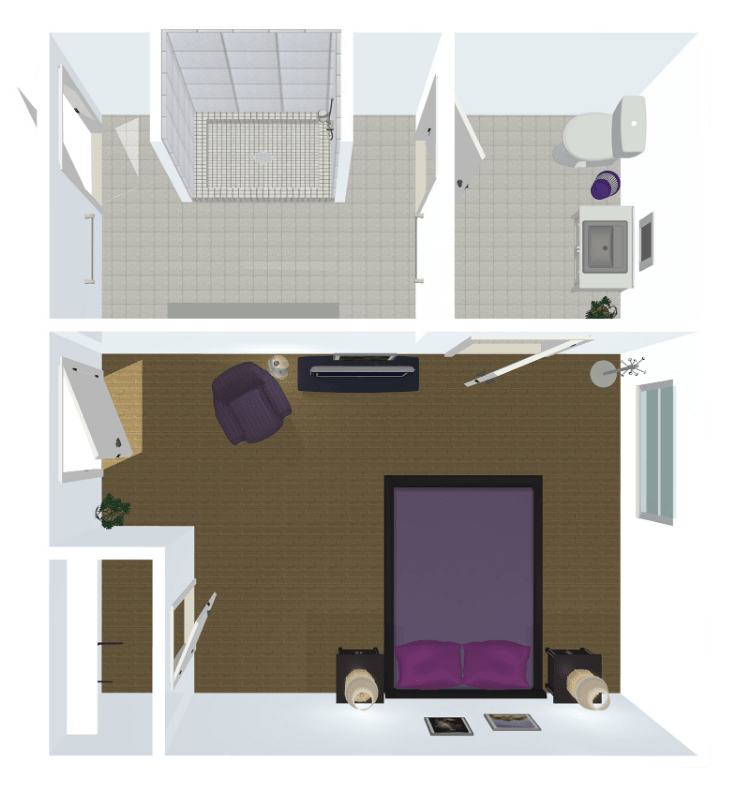 A top view of an apartment floor plan featuring a bedroom, bathroom, and kitchenette.