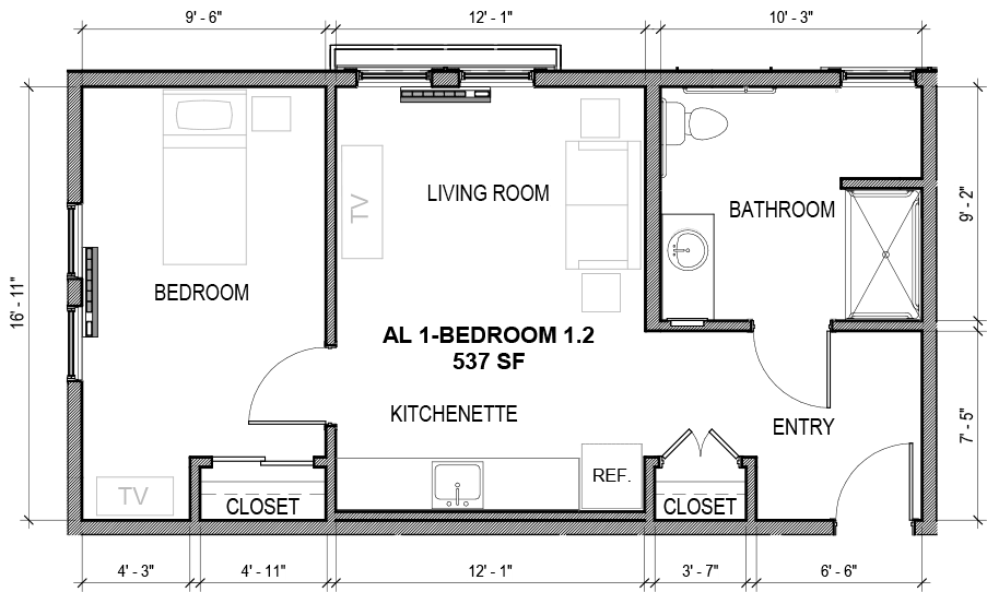 A simple floor plan showing the arrangement of a living room, bedroom, bathroom, and kitchenette.