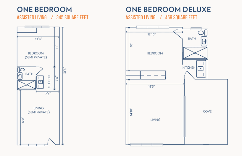 Comparison of One Bedroom and One Bedroom Deluxe floor plans with dimensions.