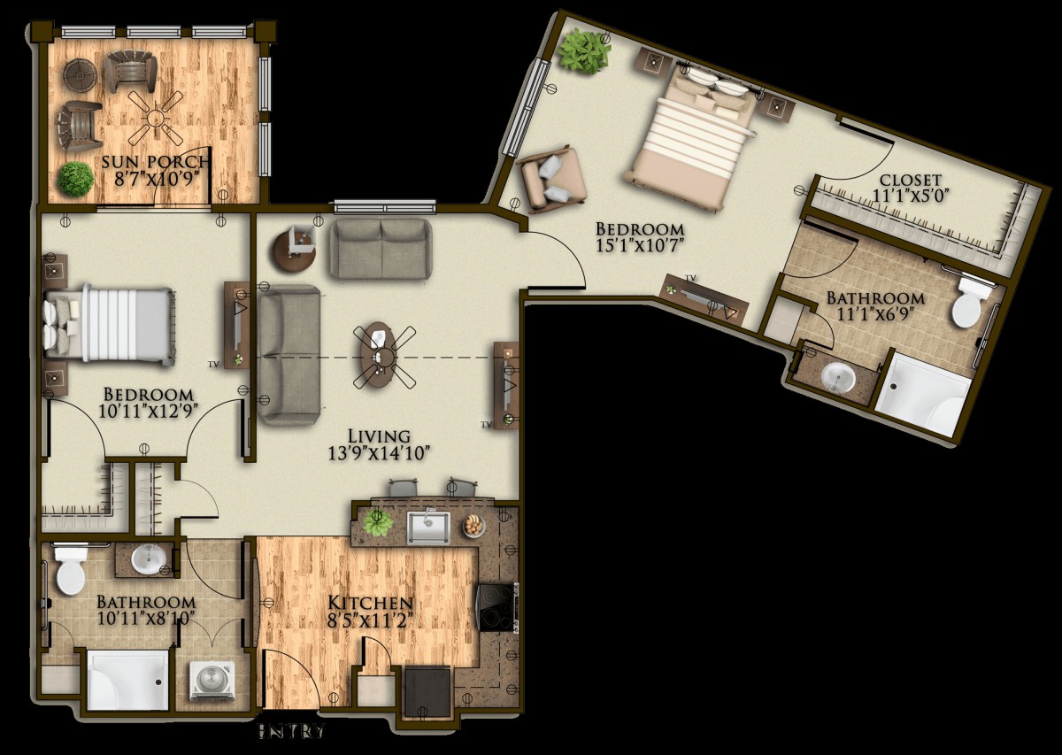 An architectural floor plan of a modern apartment layout, featuring multiple rooms including bedrooms, bathrooms, a kitchen, and a living area.