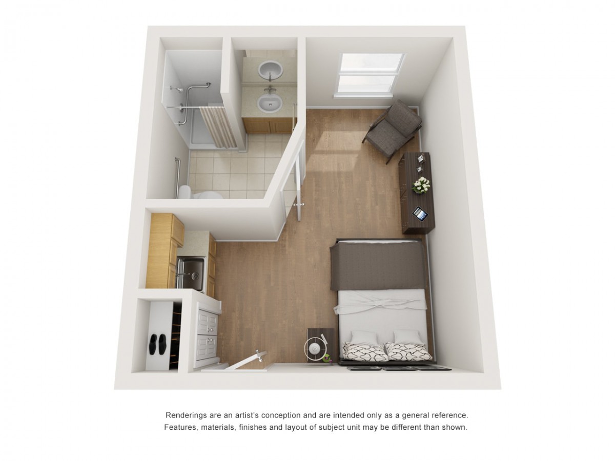 A 3D floor plan of a compact studio apartment featuring a bedroom, kitchenette, and bathroom.