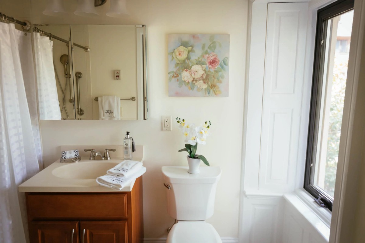 A well-lit bathroom featuring a sink, mirror, and toilet with floral decor and artwork.