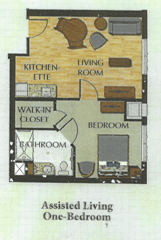 A floor plan of an apartment featuring a kitchenette, living room, bedroom, bathroom, and walk-in closet.