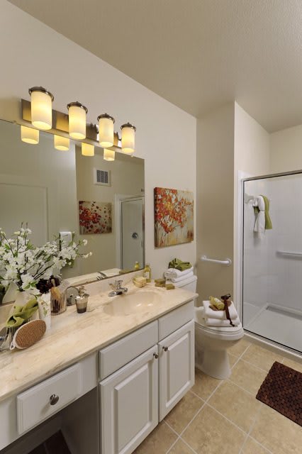 A modern bathroom featuring a large mirror, single sink, and a shower area with elegant lighting and simple decor.