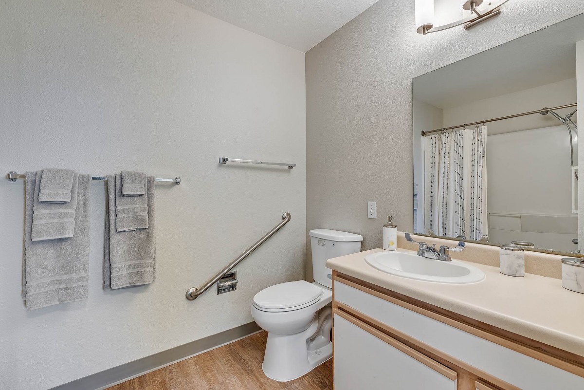 A modern bathroom with accessibility features, including grab bars and a shower curtain.