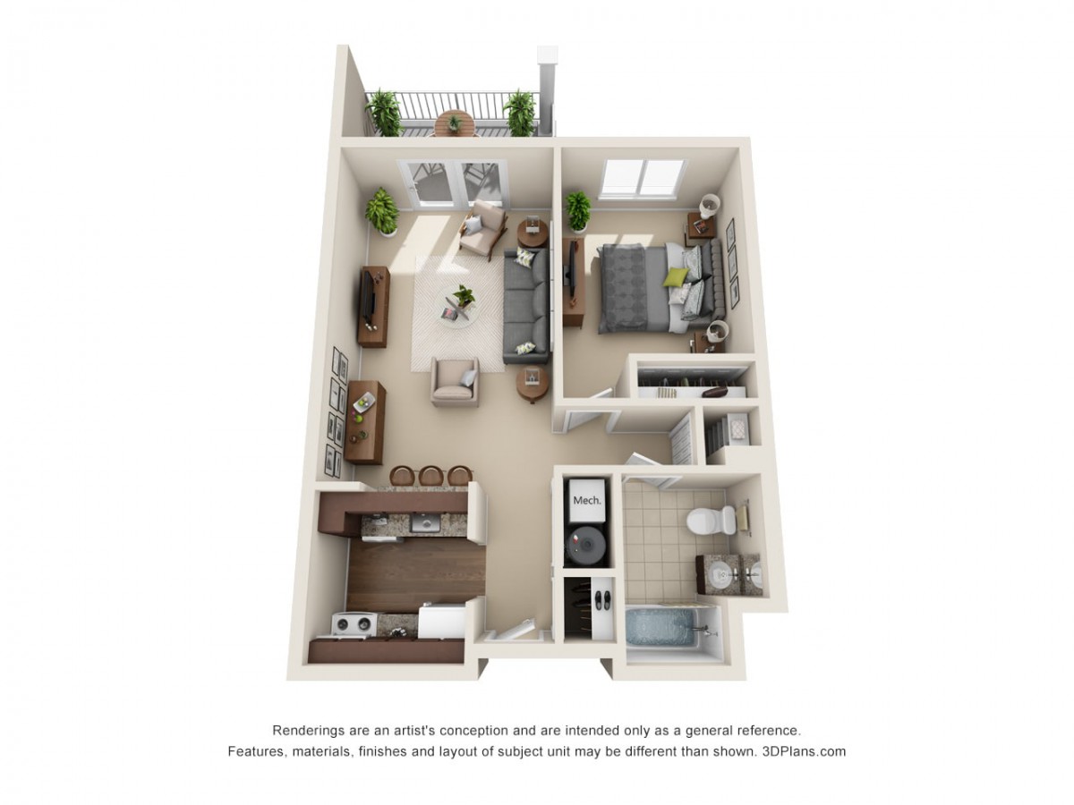 A 3D floor plan of a one-bedroom apartment showcasing the layout of the living room, kitchen, bathroom, and bedroom.