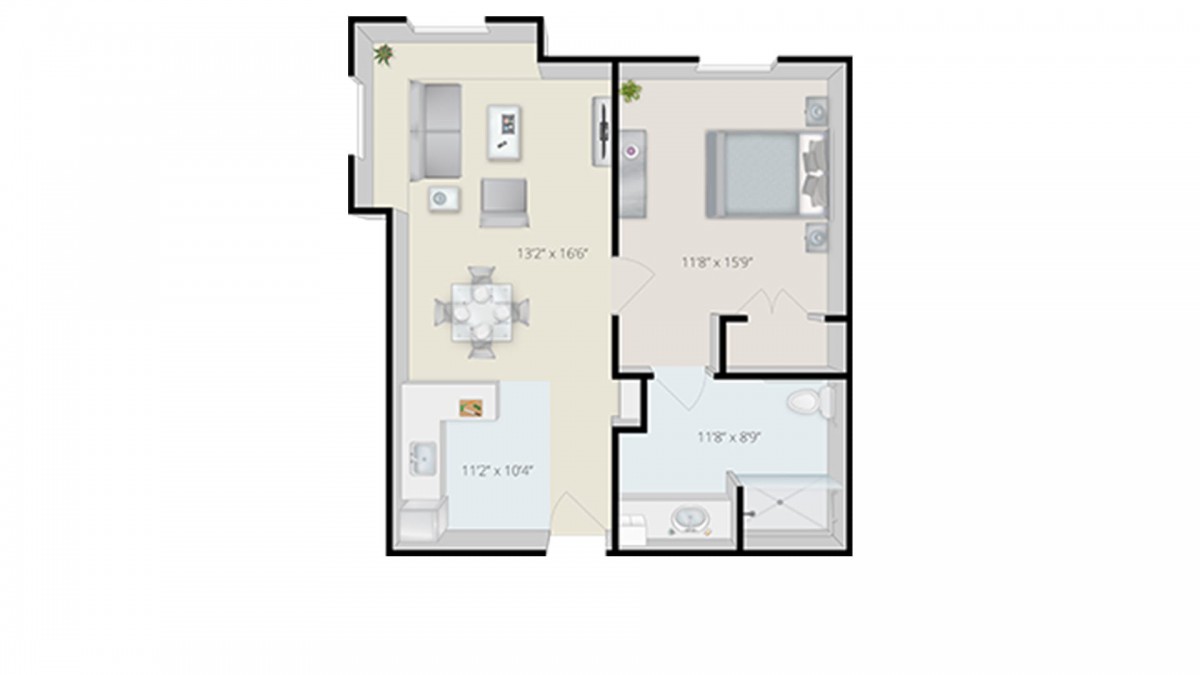 A detailed floor plan of a one-bedroom apartment with designated living, dining, kitchen, bathroom, and bedroom areas.