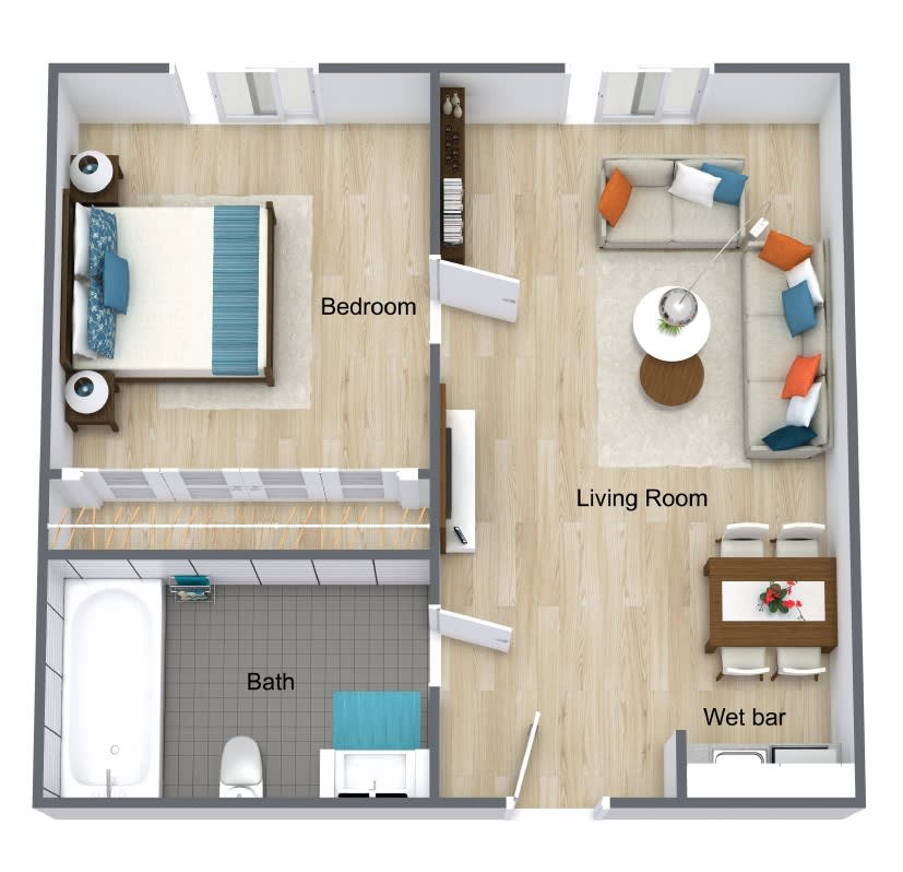 A 3D floor plan of a one-bedroom apartment featuring a living room, bedroom, bathroom, and dining area.