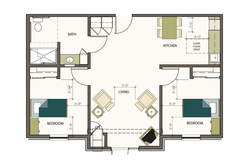 A detailed floor plan of an apartment, showcasing the arrangement of rooms including bedrooms, a kitchen, and a dining area.