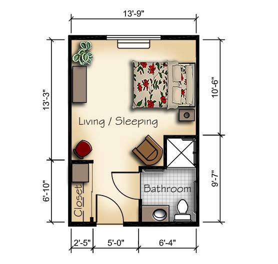 A floor plan of a studio apartment with designated living/sleeping area, kitchenette, and bathroom, complete with dimensions.