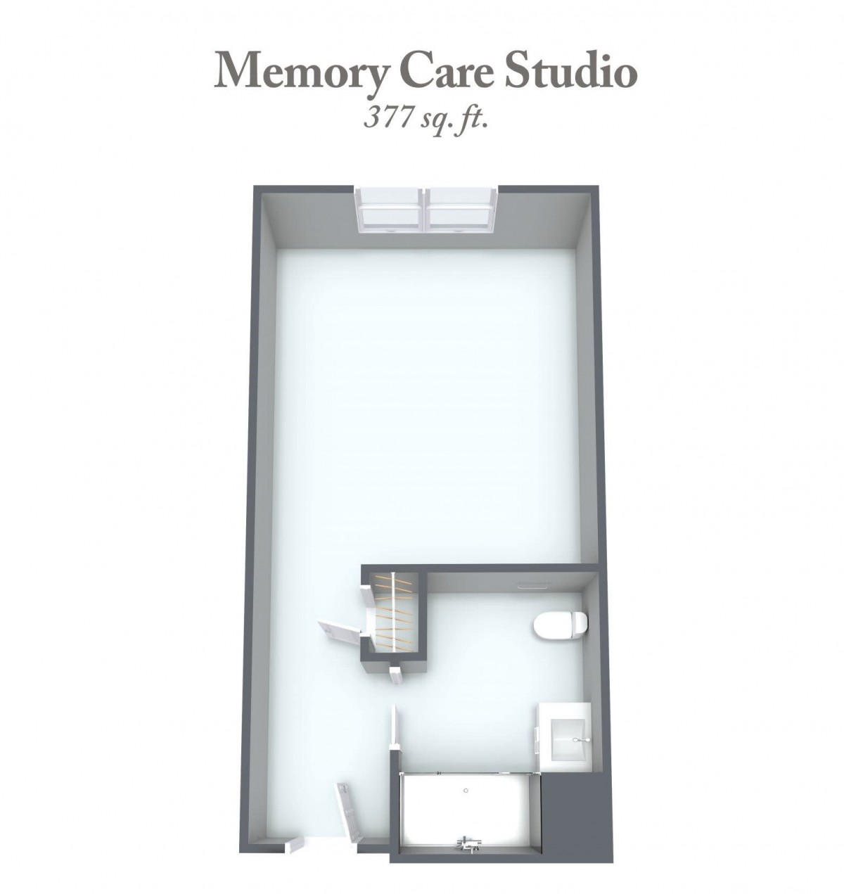 Floor plan of a memory care studio measuring 277 sq ft.