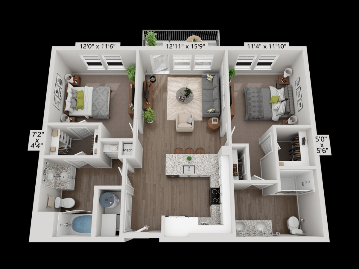 A 3D floor plan of a modern apartment featuring two bedrooms, a living room, kitchen, and two bathrooms.