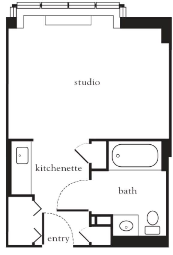 Floor plan of a studio apartment with kitchenette and bathroom.