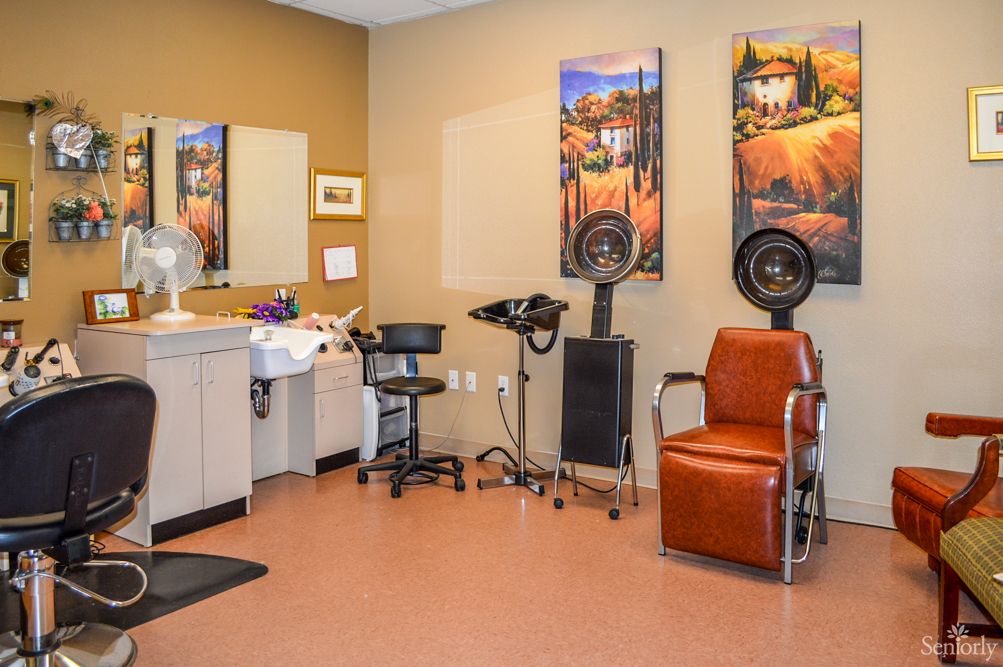 A cozy hair salon interior featuring a styling chair, wash station, and vibrant artwork on the walls.