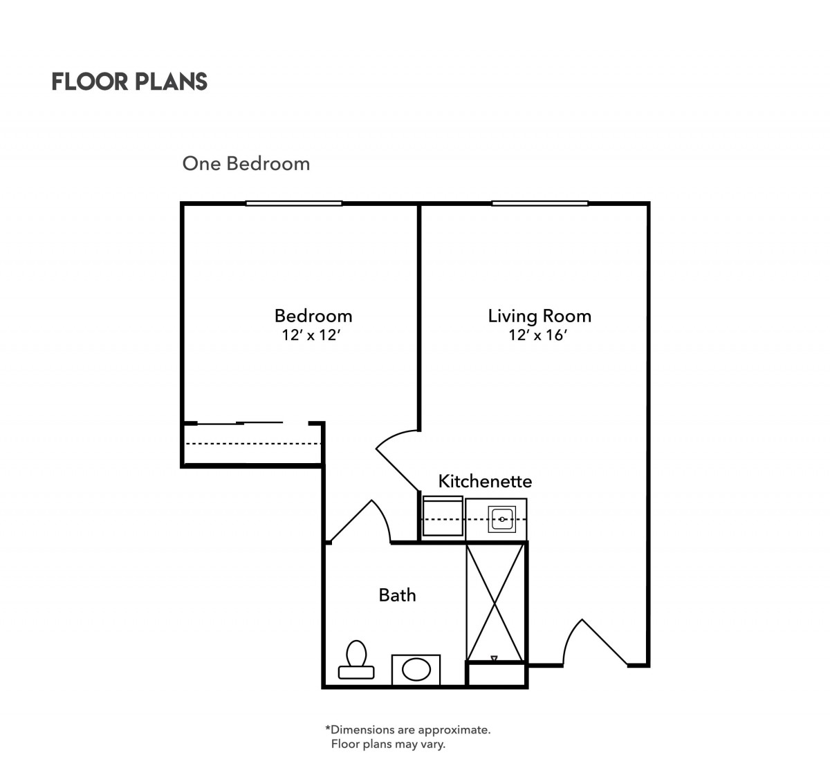 A floor plan of a one-bedroom apartment with designated areas for the bedroom, living room, kitchenette, and bathroom.