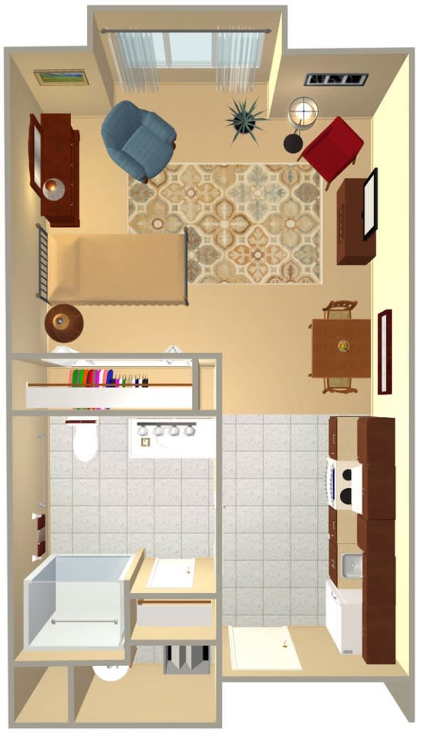 A floor plan of an apartment showing a combined living and bedroom area, kitchenette, and bathroom.
