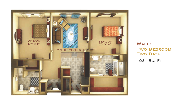 Floor plan of a two-bedroom apartment with kitchen and living area.