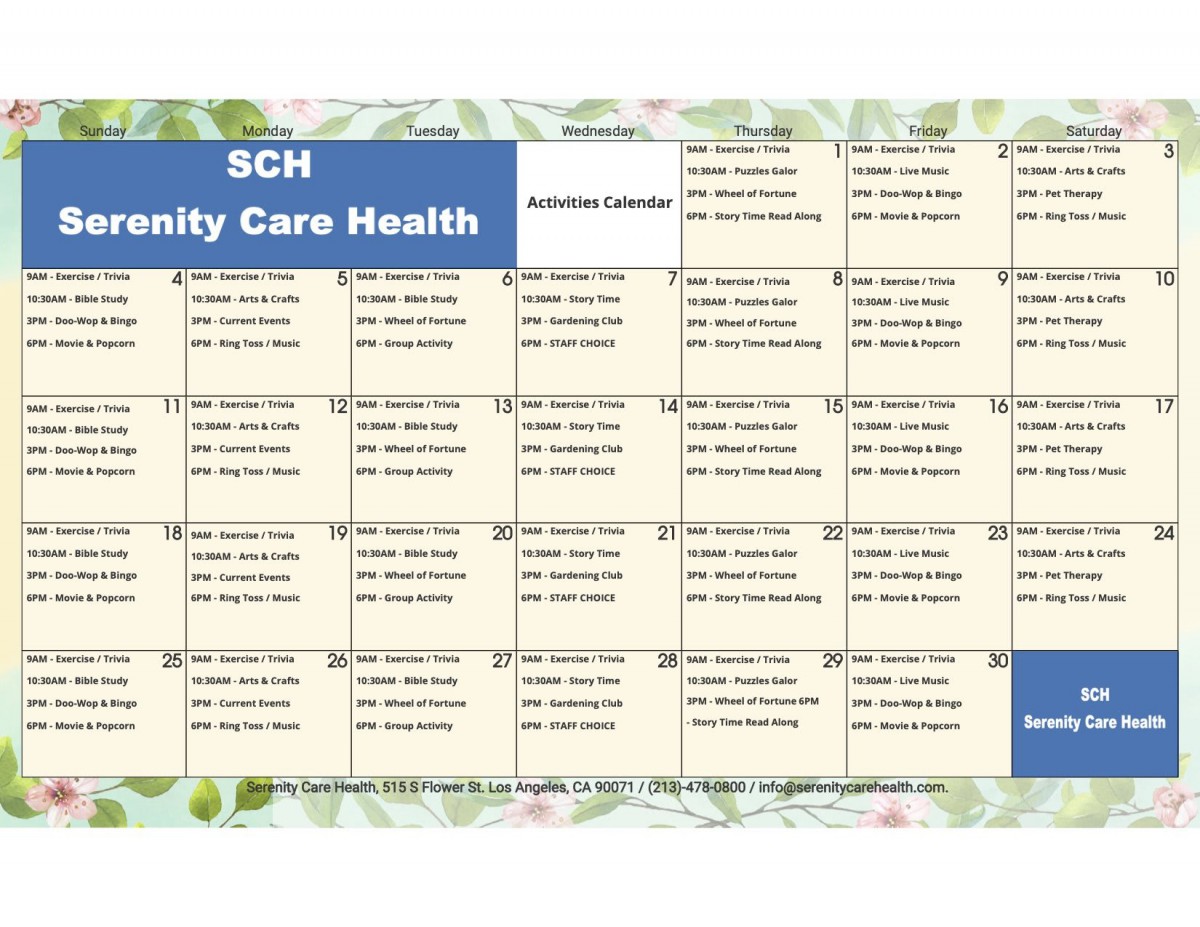 Monthly fitness class schedule for BCH Community Care Health.
