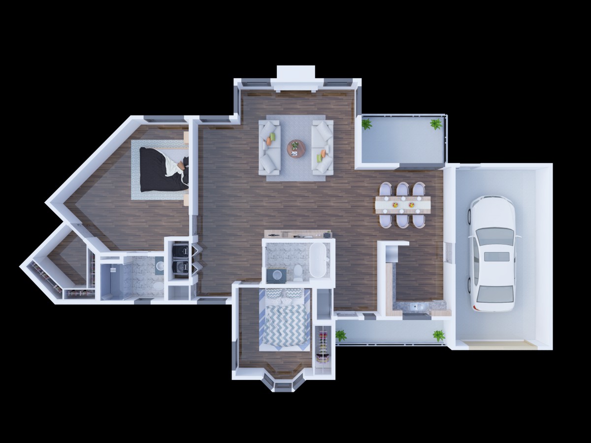 An overhead view of a modern home floor plan featuring a spacious living area, dining space, kitchen, and garage.