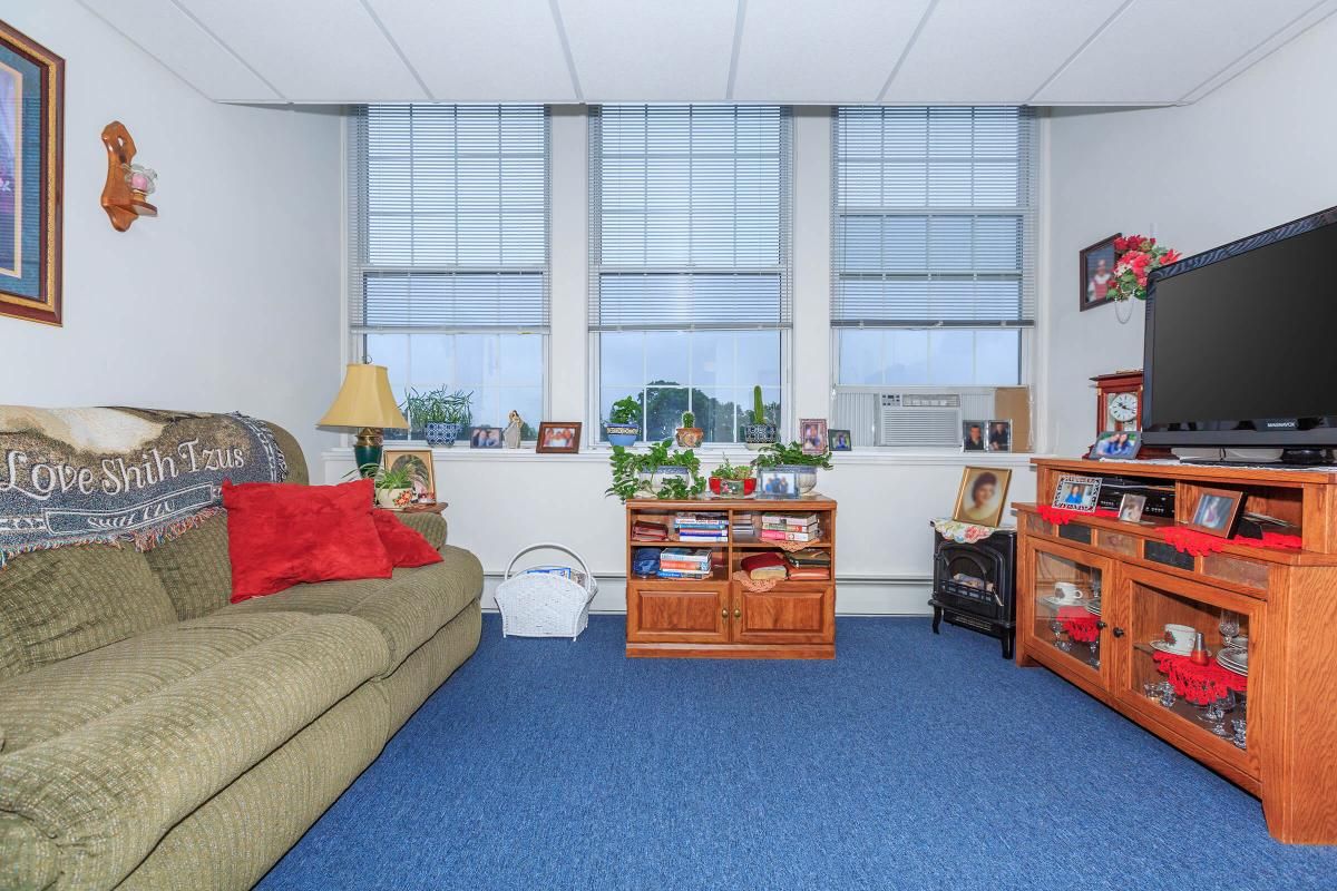 A cozy office space with a couch, bookshelves, and large windows.