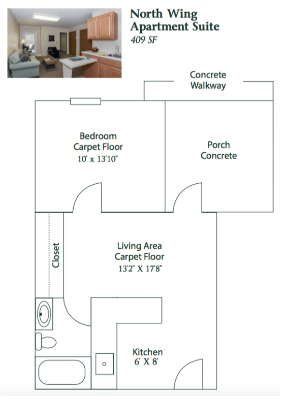A floor plan of an apartment, featuring a bedroom, living area, and porch.