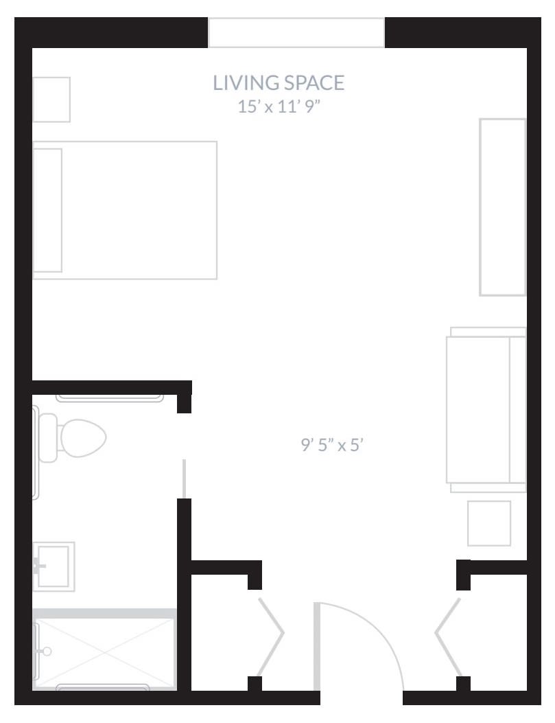 Floor plan of a studio apartment with bathroom and living area.