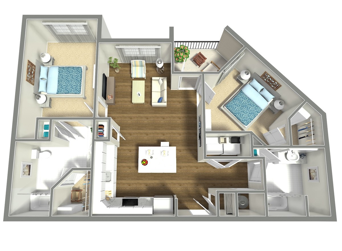 A detailed 3D floor plan of a modern apartment, showcasing two bedrooms, a living area, and a kitchen.