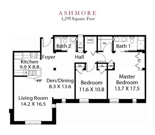 Floor plan of the Ashmore apartment featuring 1,290 square feet with a kitchen, living room, den/dining area, two bathrooms, and two bedrooms.