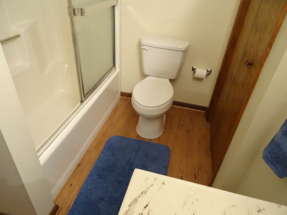 A bathroom featuring a toilet, bathtub, and a blue rug on wooden flooring.