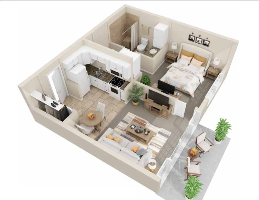 3D floor plan of a modern 1-bedroom apartment.