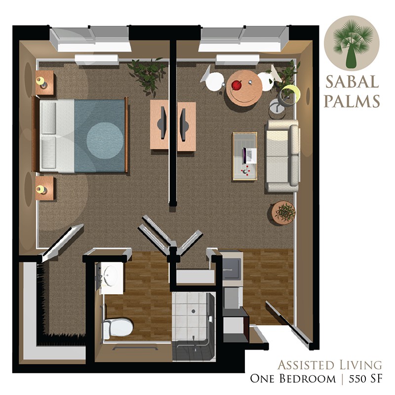 A detailed floor plan of a one-bedroom assisted living apartment at Sabal Palms.