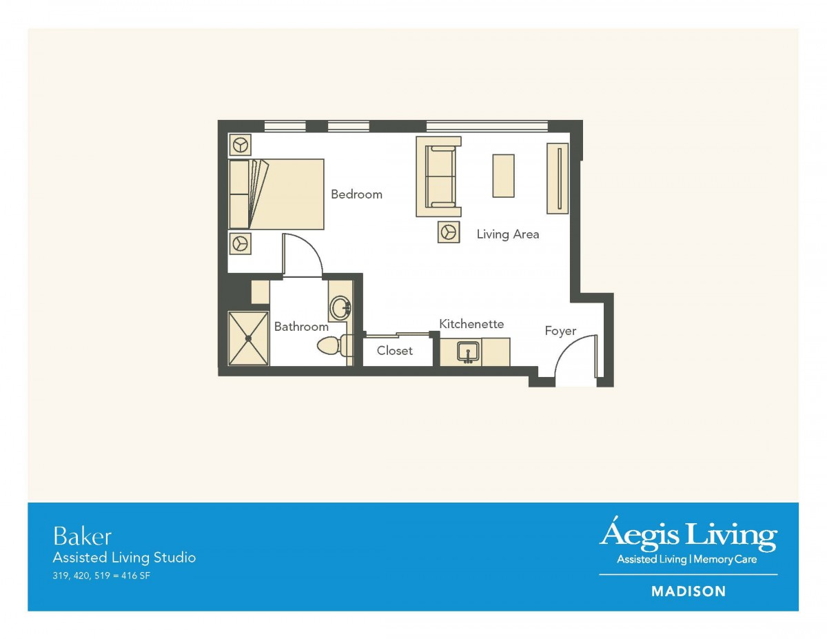 A floor plan layout of a studio apartment, featuring a bedroom, living area, bathroom, and kitchenette.