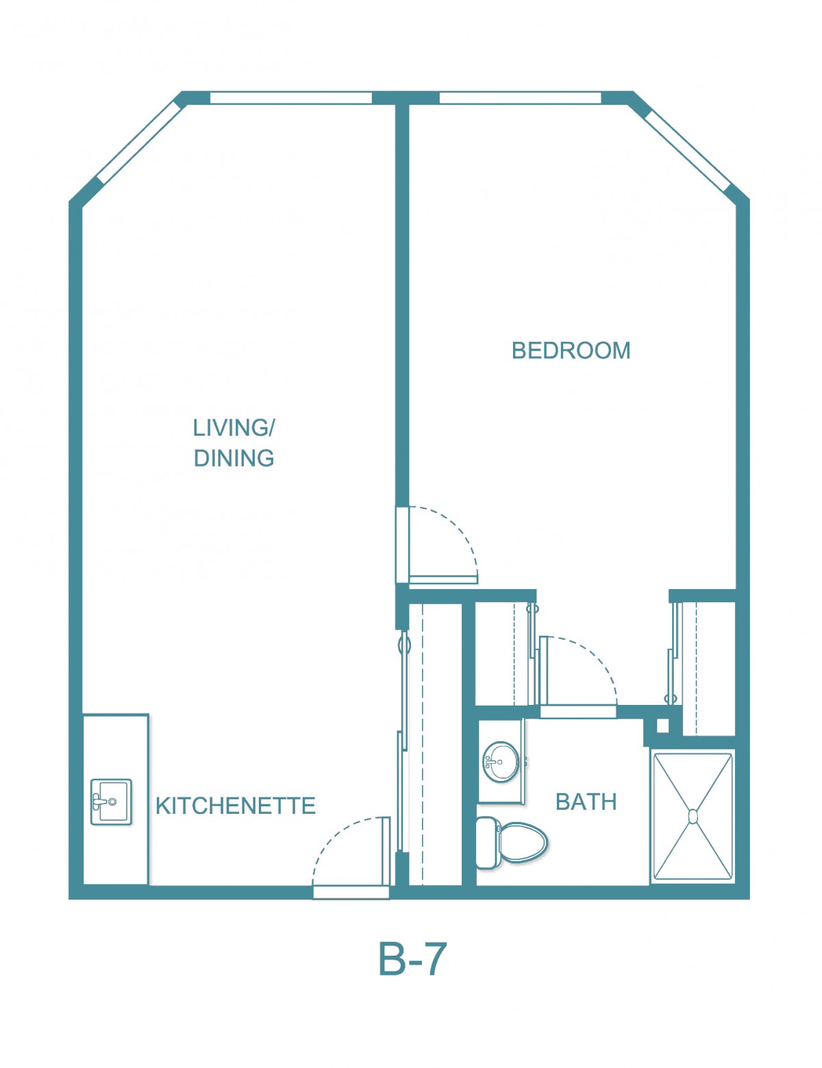 A blueprint of a one-bedroom apartment with separate living/dining area, kitchenette, and bathroom.
