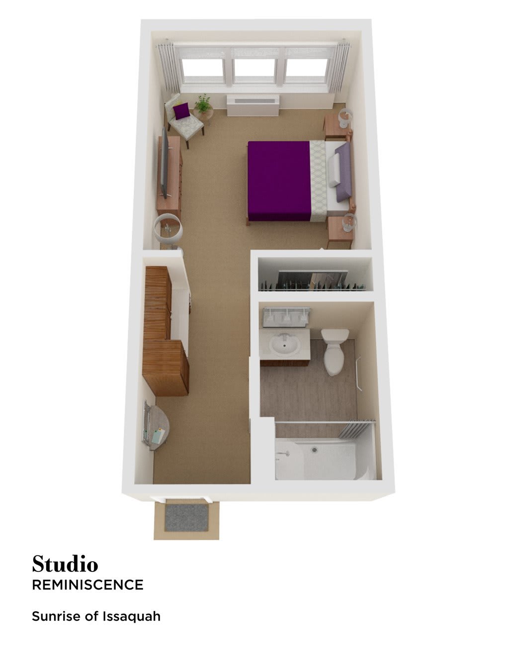 3D floor plan of a compact studio apartment.