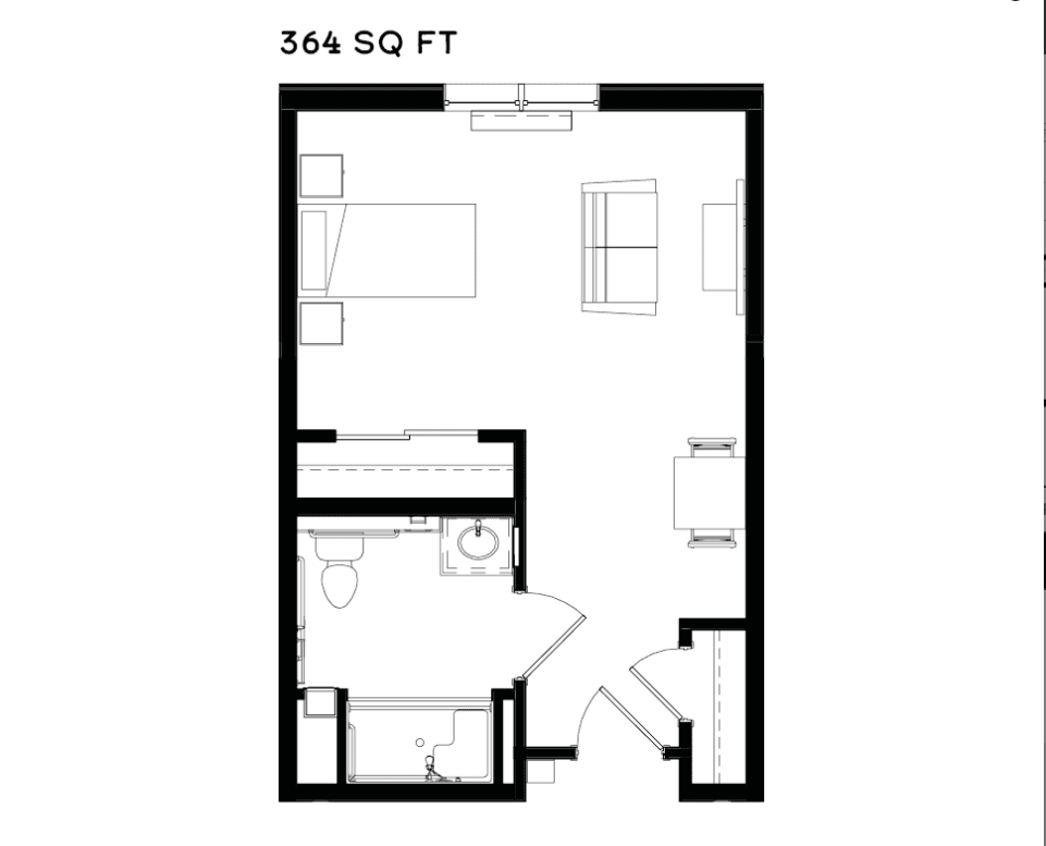 Studio apartment floor plan with a total area of 344 square feet.