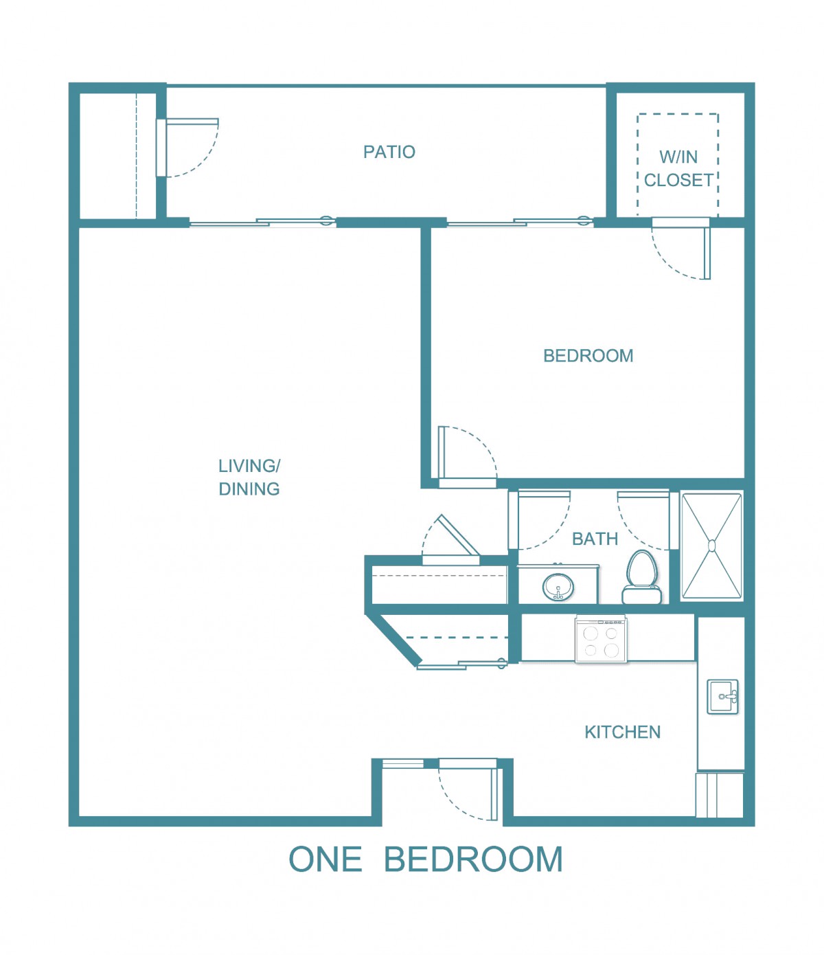 A one-bedroom apartment floor plan featuring a living/dining area, kitchen, bathroom, and closet spaces.