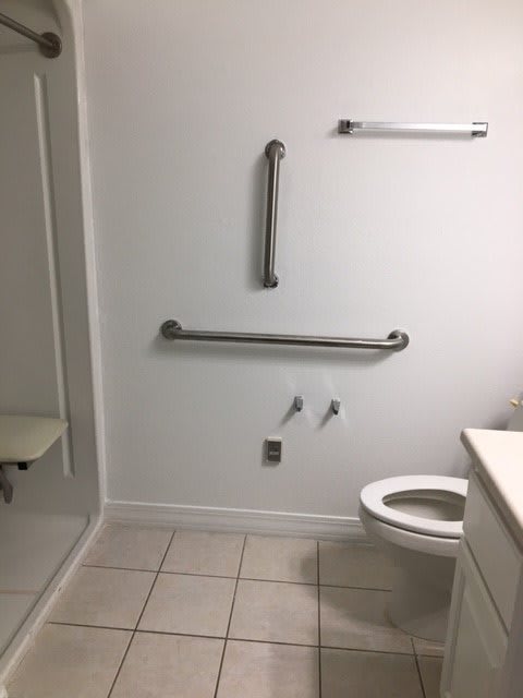 A bathroom designed with accessibility features, including grab bars near the toilet and in the shower area.