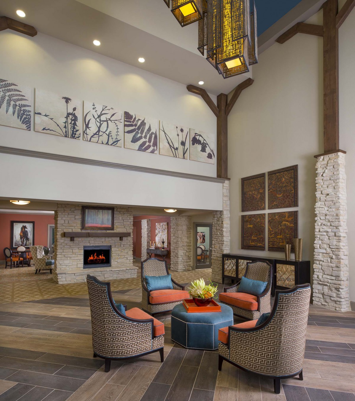 A modern lobby with comfortable seating and stylish decor.