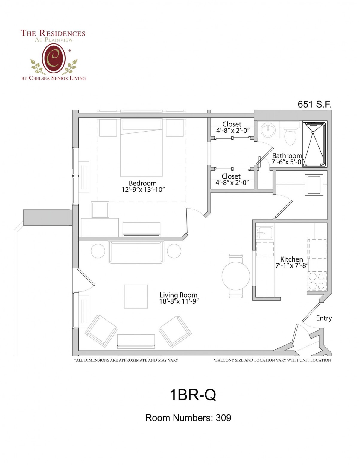A detailed floor plan of a one-bedroom apartment layout.